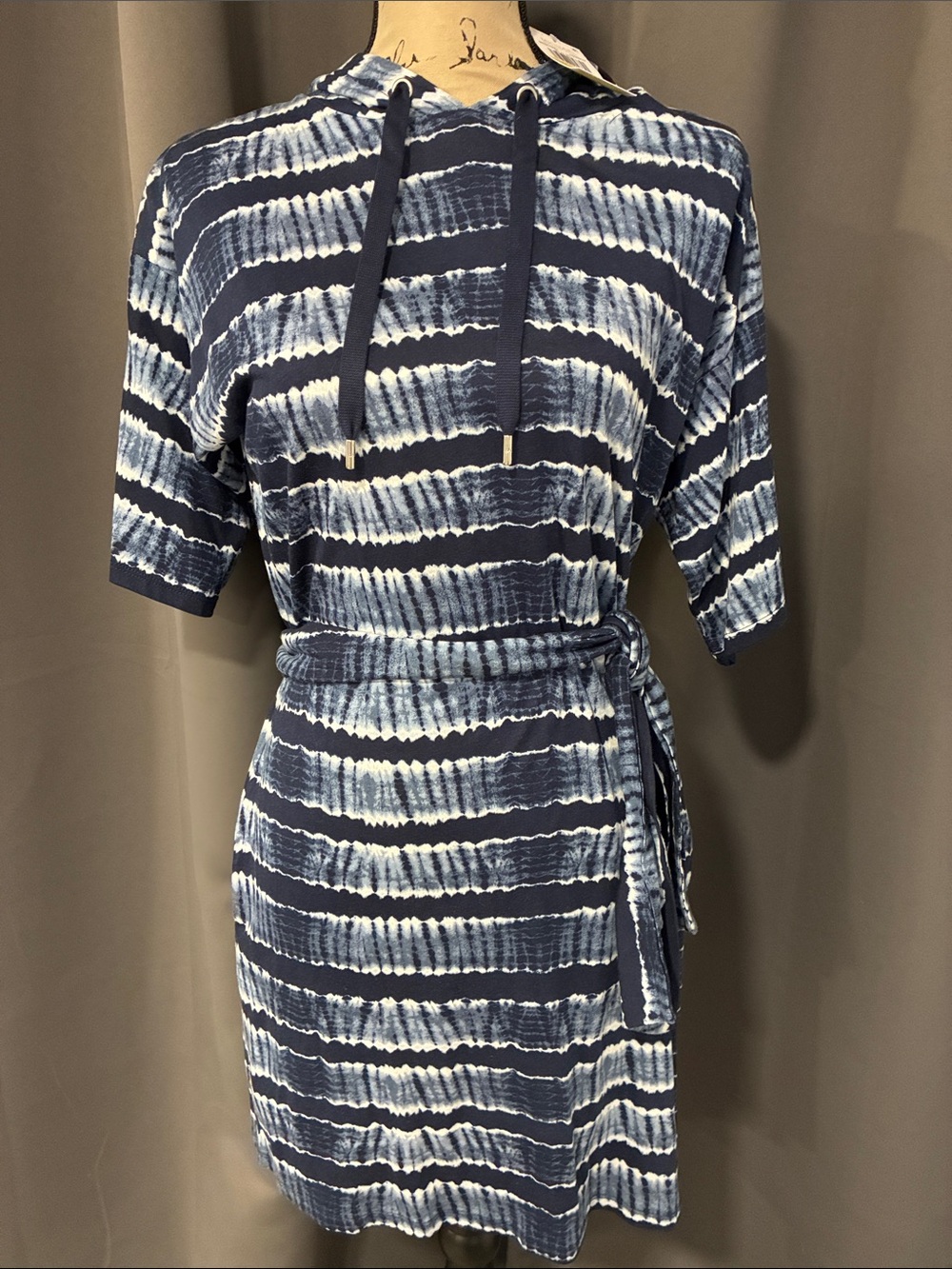 Michael Kors Navy and White Tie-Dye Hooded Cover-Up